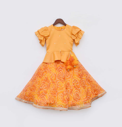 Pre-Order: Yellow Peplum with Printed Georgette Lehenga