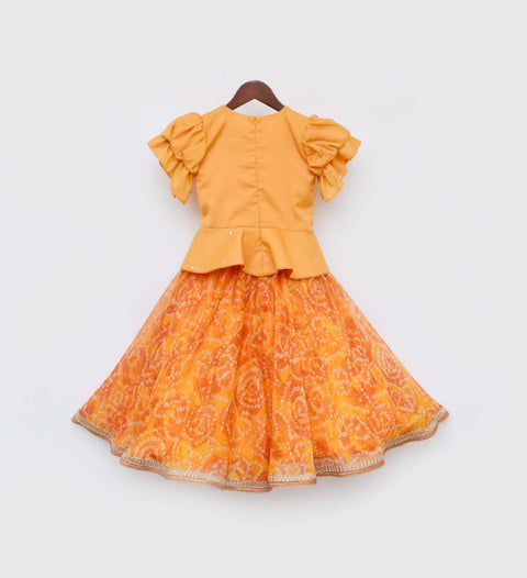 Pre-Order: Yellow Peplum with Printed Georgette Lehenga