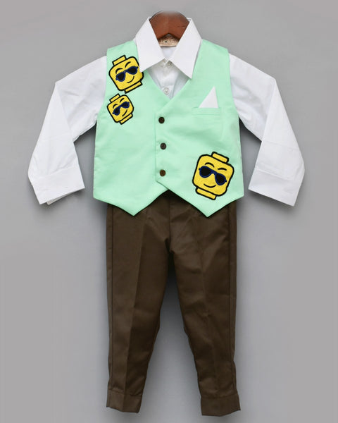 Pre-Order: Aqua Green Waist Coat with Brown Pant and White Shirt