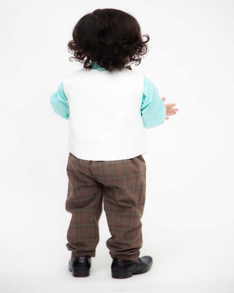 Pre-Order: Aqua Shirt with Off White Waist Coat and Brown Checks Pant