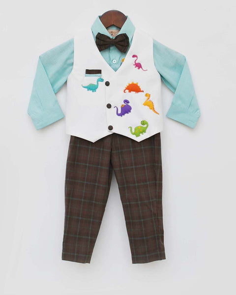 Pre-Order: Aqua Shirt with Off White Waist Coat and Brown Checks Pant