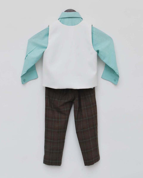 Pre-Order: Aqua Shirt with Off White Waist Coat and Brown Checks Pant