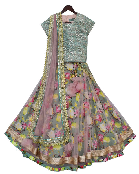 Pre-Order: Aqua Embroidery Choli with Printed Lehenga