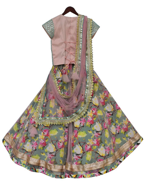 Pre-Order: Aqua Embroidery Choli with Printed Lehenga