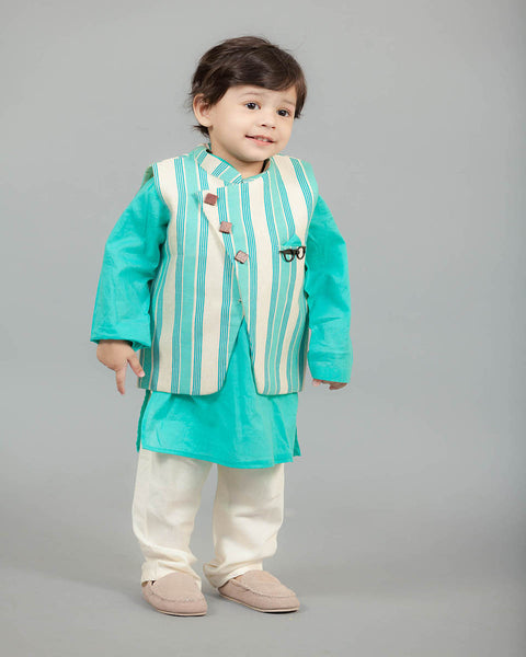 Pre-Order: Aqua Blue Kurta with Printed Nehru Jacket Set