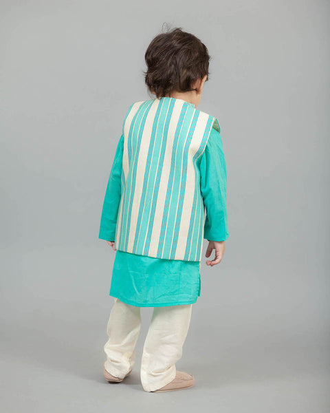 Pre-Order: Aqua Blue Kurta with Printed Nehru Jacket Set