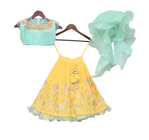 Pre-Order: Aqua Blue Tassel Top with Yellow Gota Lehenga