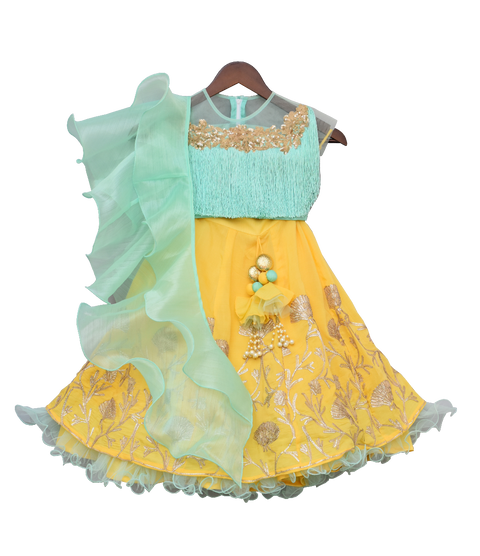 Pre-Order: Aqua Blue Tassel Top with Yellow Gota Lehenga