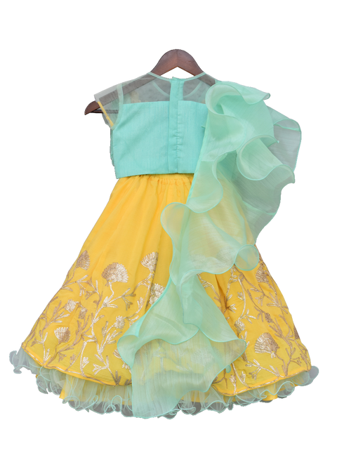 Pre-Order: Aqua Blue Tassel Top with Yellow Gota Lehenga
