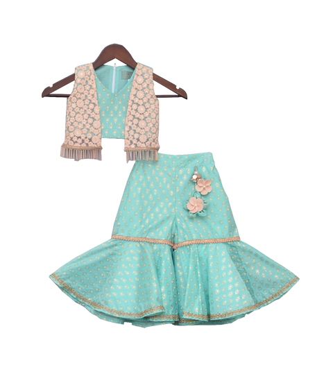 Pre-Order: Aqua Printed Top with Jacket & Sharara