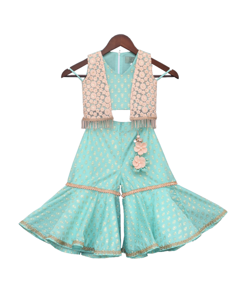 Pre-Order: Aqua Printed Top with Jacket & Sharara