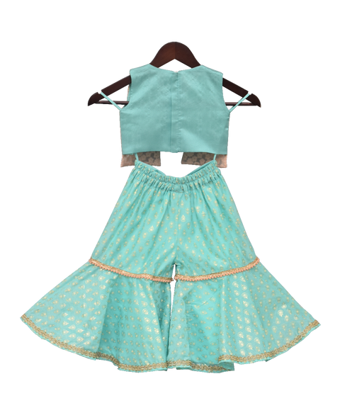 Pre-Order: Aqua Printed Top with Jacket & Sharara