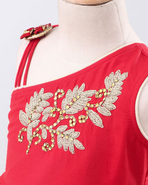 Embroidered  Peplum choli with  Gold Leather Print Lehenga -Red