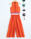 Stylish Shimmering Jacquard Stripes Incut Top &Palazzo set-Orange