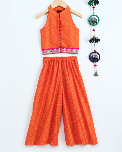 Stylish Shimmering Jacquard Stripes Incut Top &  Palazzo set-Orange