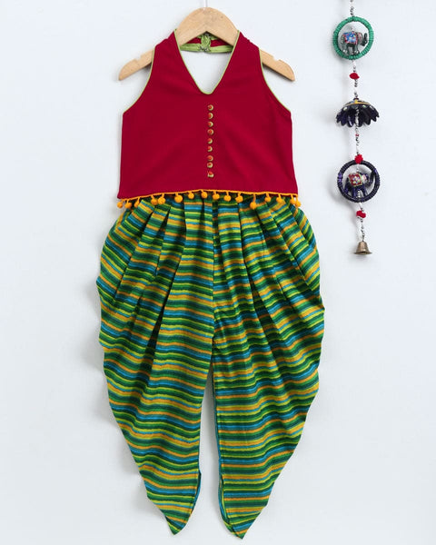 Stylish Knit Top with Printed Cotton Dhoti -Red & Green