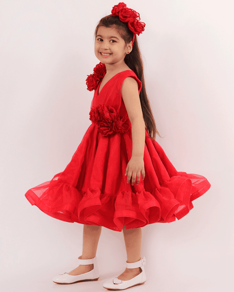 Pre-Order: Red Dress with Flower on Shoulder/Waist