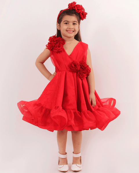 Pre-Order: Red Dress with Flower on Shoulder/Waist