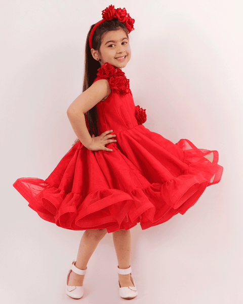 Pre-Order: Red Dress with Flower on Shoulder/Waist