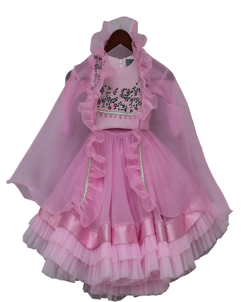 Pre-Order: Baby Pink Embroidery Choli with Cape & Organza Lehenga