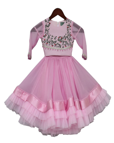 Pre-Order: Baby Pink Embroidery Choli with Cape & Organza Lehenga