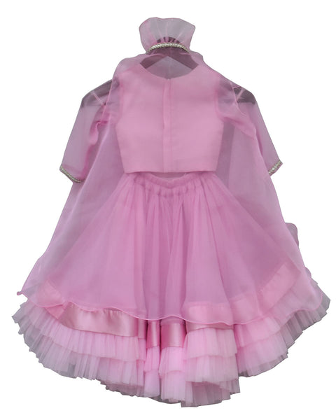 Pre-Order: Baby Pink Embroidery Choli with Cape & Organza Lehenga