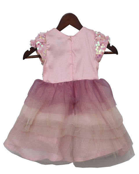 Pre-Order: Baby Pink Sequence Yoke with Pleating Net Frill Frock