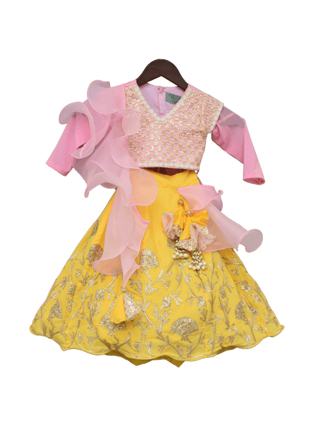 Pre-Order: Baby Pink Embroidery Choli with Yellow Gota Lehenga