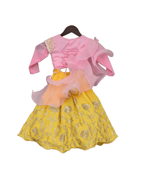Pre-Order: Baby Pink Embroidery Choli with Yellow Gota Lehenga