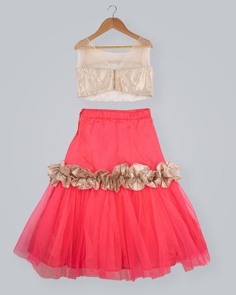 Pre-Order: Golden/Pink Ghagra Choli with frill