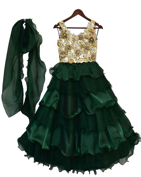 Pre-Order: Beige Choli with Enbrel Green Organza Lehenga