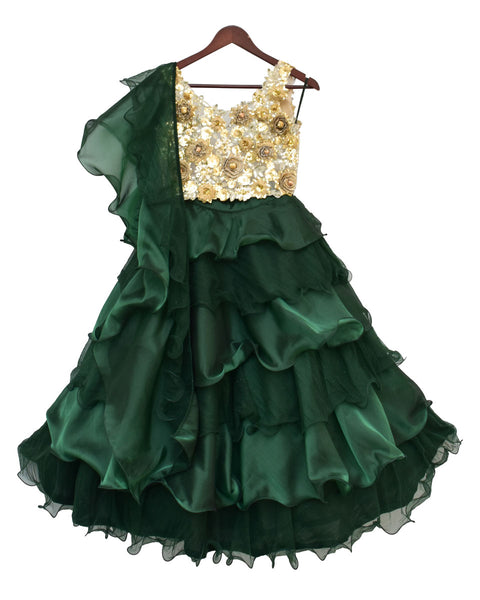 Pre-Order: Beige Choli with Enbrel Green Organza Lehenga