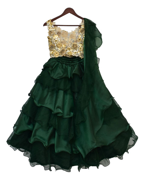 Pre-Order: Beige Choli with Enbrel Green Organza Lehenga