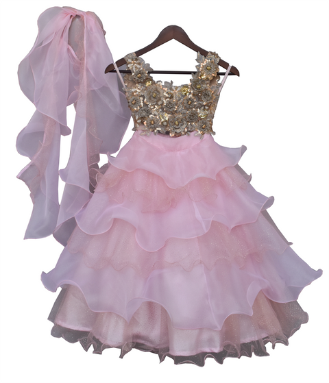 Pre-Order: Beige Choli with Pink Organza Lehenga