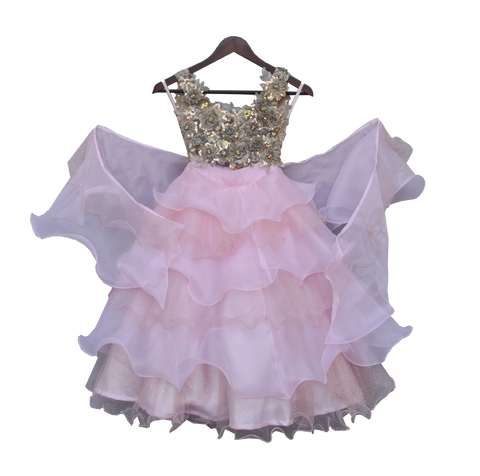 Pre-Order: Beige Choli with Pink Organza Lehenga