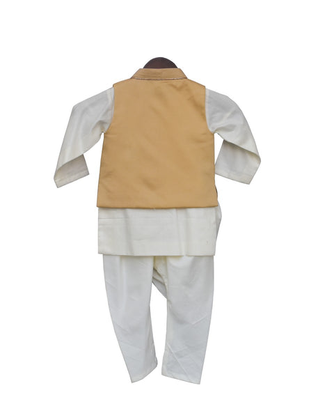 Pre-Order: Beige Embroidery Nehru Jacket with Kurta & Pajama