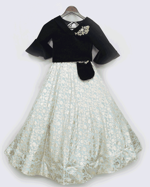 Pre-Order: Black Velvet Top with Chanderi Brocade Lehenga