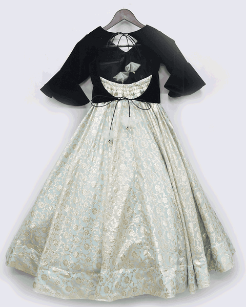 Pre-Order: Black Velvet Top with Chanderi Brocade Lehenga
