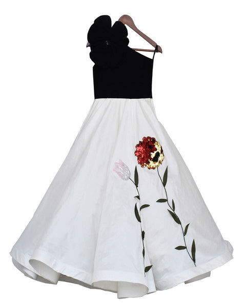 Pre-Order: Black Velvet Top with Off white Embroidery one Piece Gown