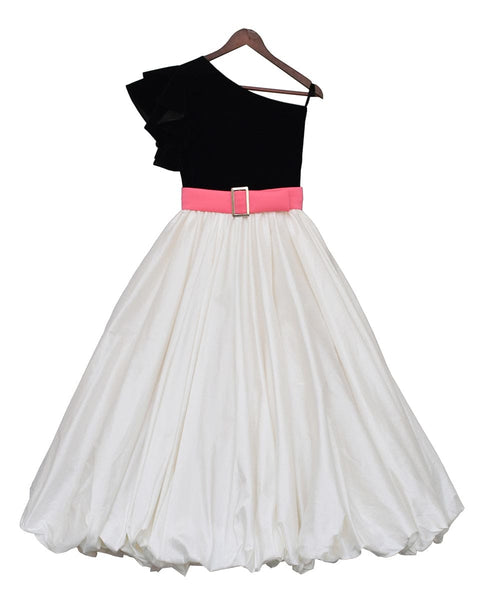 Pre-Order: Black Velvet Top with Off white Silk one Piece Gown