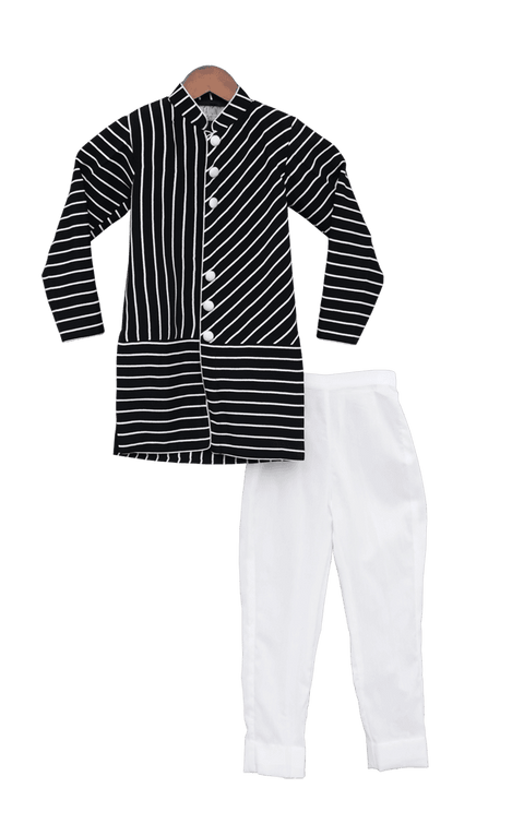 Pre-Order: Black & White Stripe Ajkan with Churidar