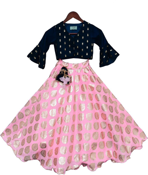 Pre-Order: Blue Butti Velvet Choli with Lehenga