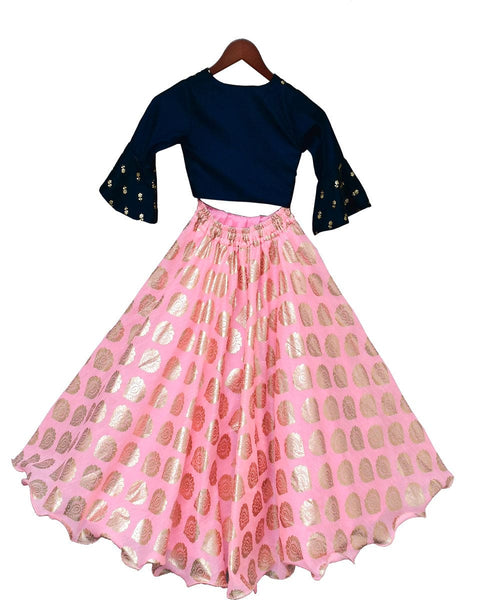 Pre-Order: Blue Butti Velvet Choli with Lehenga