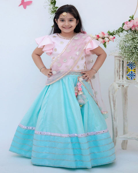 Pre-Order: Blue Lehenga with Pink Choli and Mirror Boti Dupatta