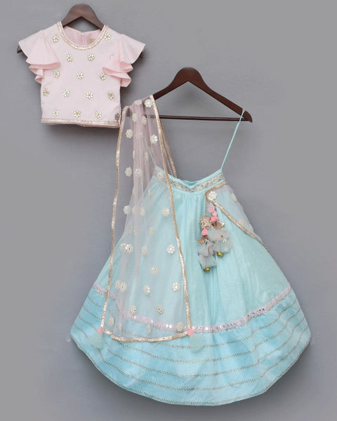Pre-Order: Blue Lehenga with Pink Choli and Mirror Boti Dupatta