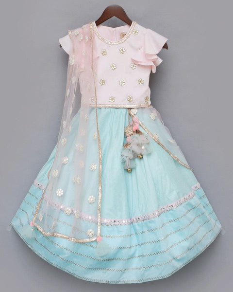 Pre-Order: Blue Lehenga with Pink Choli and Mirror Boti Dupatta