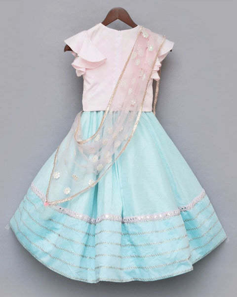 Pre-Order: Blue Lehenga with Pink Choli and Mirror Boti Dupatta