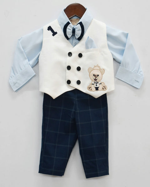Pre-Order: Blue Shirt with Pant and White Waist Coat Set