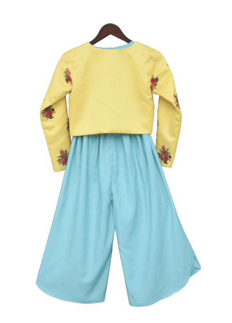 Pre-Order: Blue Crop Top Dhoti with Yellow Embroidery Jacket