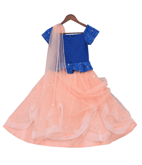 Pre-Order: Blue Embroidery Choli with Peach Net Lehenga & Stitched Dupatta